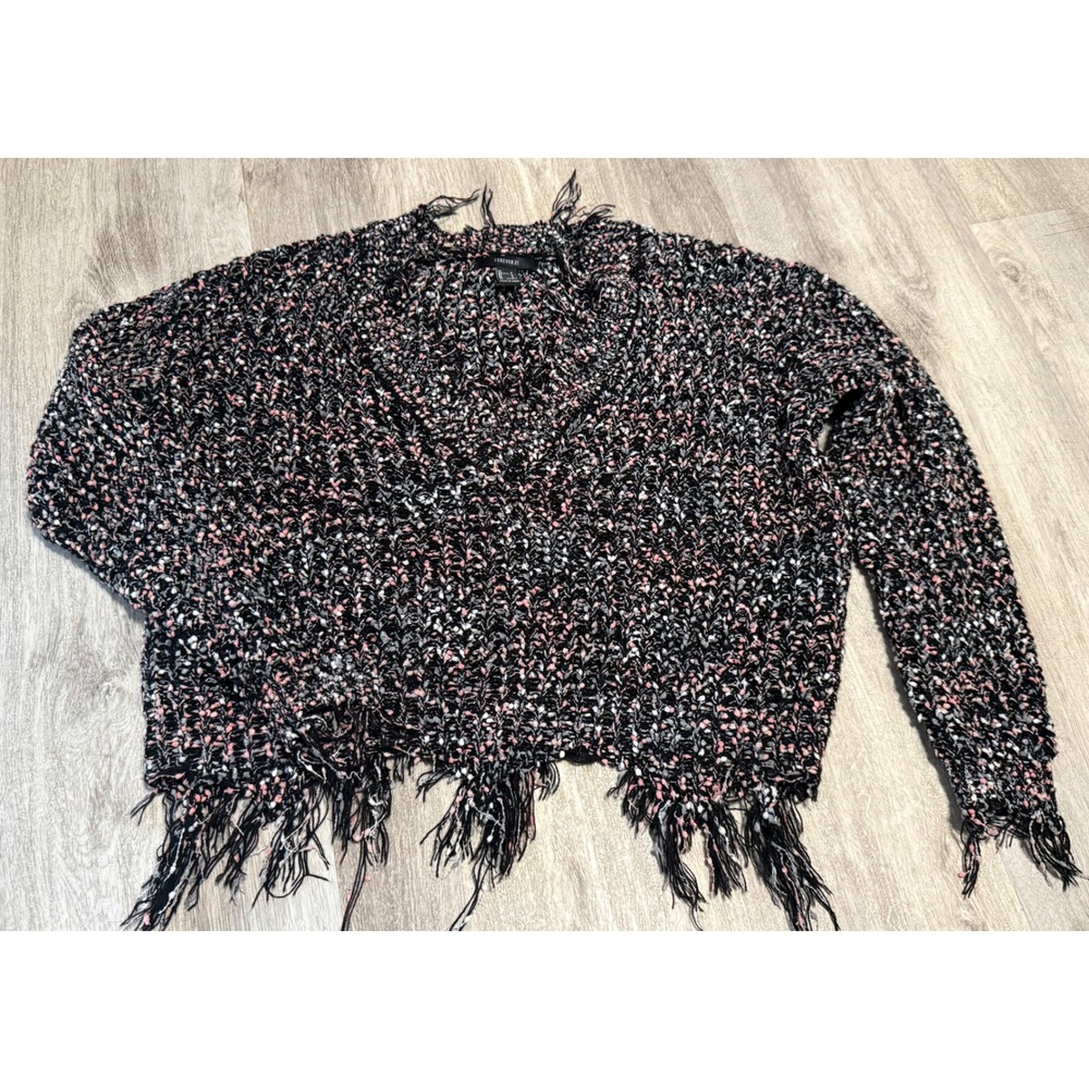 Forever 21 Black Pink White Speckled Knit Cropped Fringe Sweater‎ Women's  Small